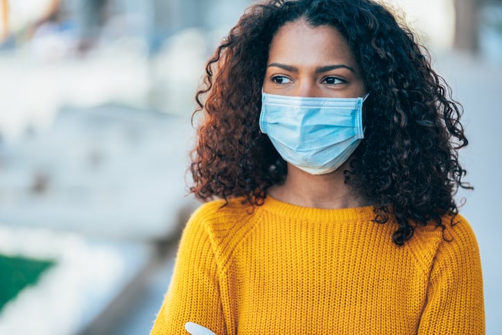Woman of color on the street wearing face protective mask to prevent COVID-19