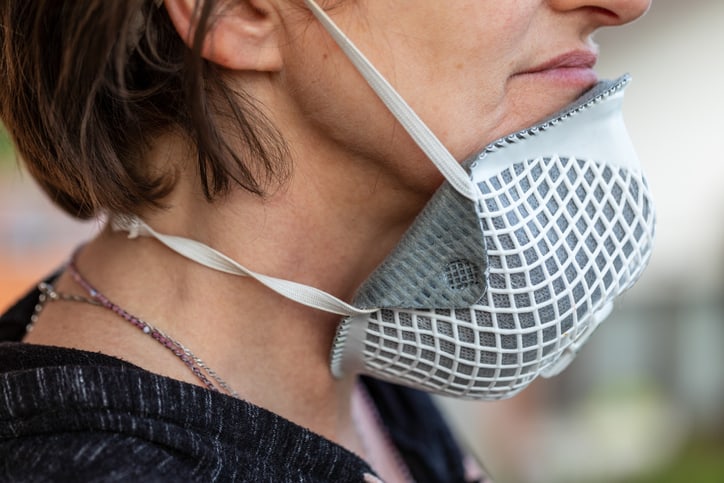 Woman with face mask pulled down during the covid-19 pandemic