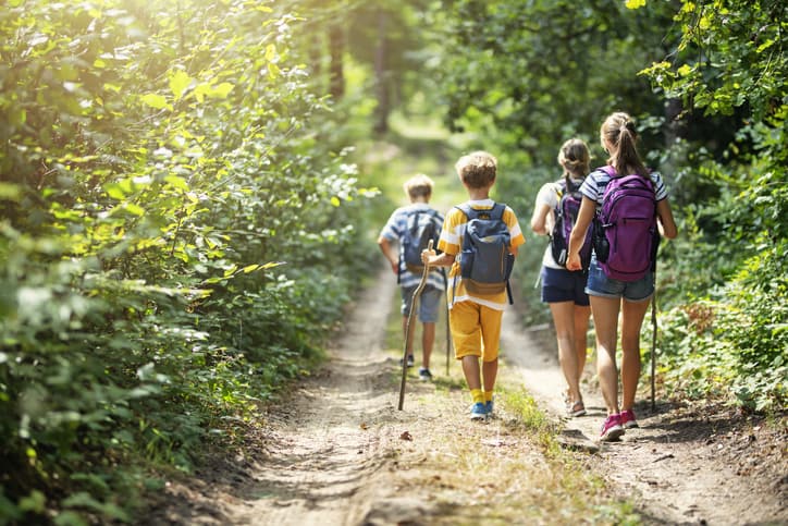 Group of four children and adolescents hiking in the forest, engaging in nature-based therapy