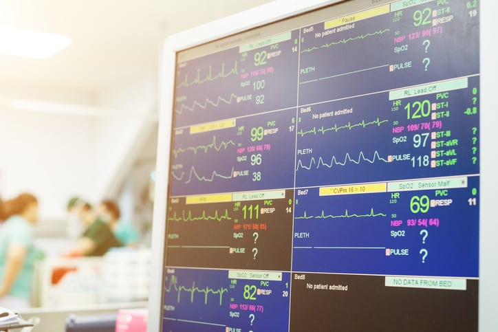 ICU monitor with several patients and code response team of doctor and nurses in background.
